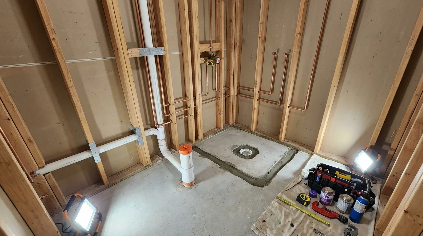 Bathroom rough-in plumbing during remodel by Johns Plumbing LLC in College Point