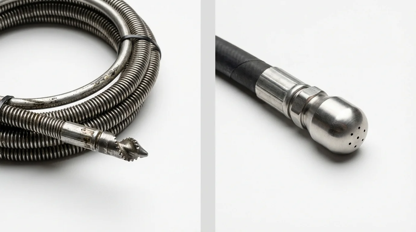 Drain snake cable and hydro jetting nozzle used for drain cleaning in College Point, NY