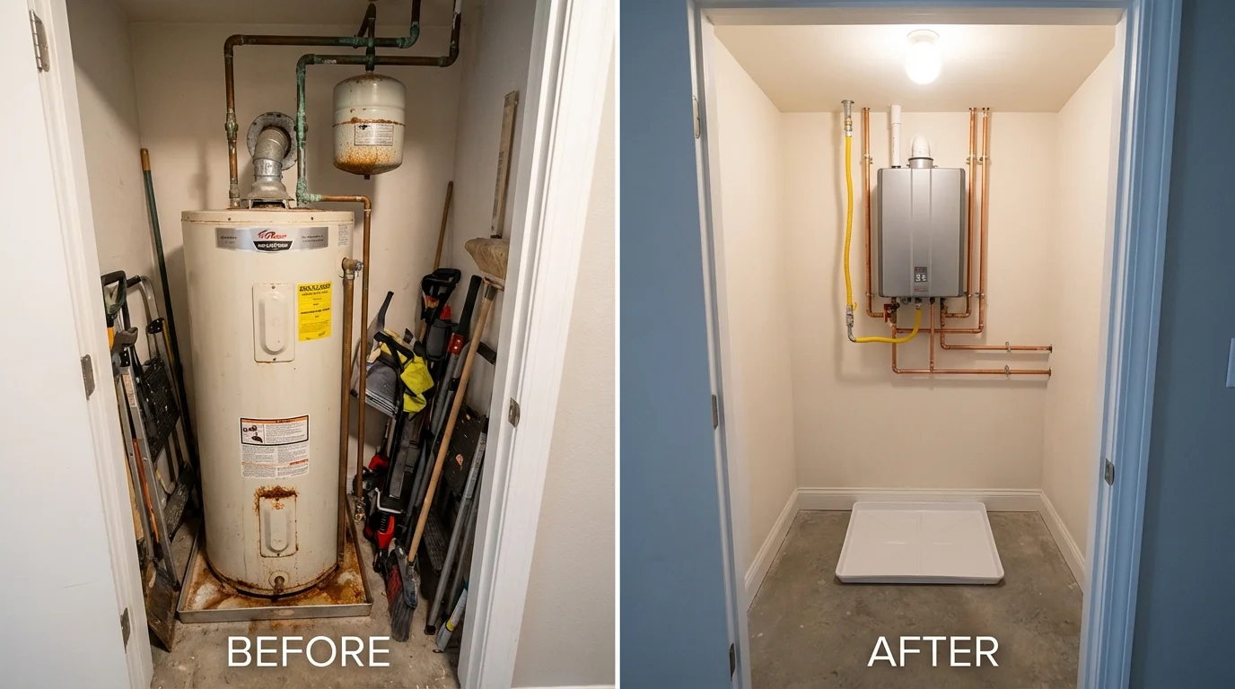 Tank water heater versus wall-mounted tankless unit comparison for College Point, NY homeowners